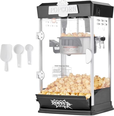 Popcornmachine, 480 W, 113 G, Popcornmachine, 5,7 Liter Per Lading, Tafelpopcornmachine met 3 Schepjes, Bioscoopstijl, Zwart