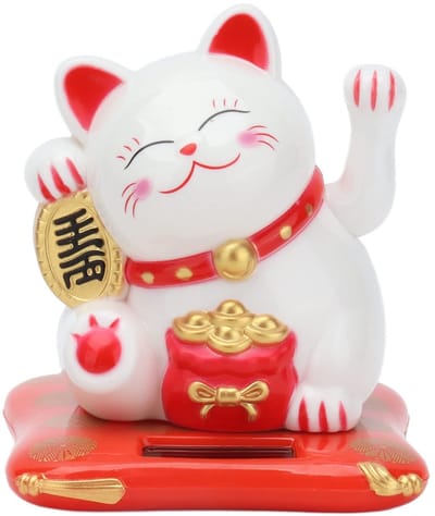Golden crown - Zonne-aangedreven kat - Maneki Neko ornament - Schattig en welkom - Wit - Gelukskat - Voor thuiskantoor en auto - Decoratie