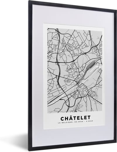 Fotolijst incl. Poster Zwart Wit- België – Châtelet – Stadskaart – Kaart – Zwart Wit – Plattegrond - 40x60 cm - Posterlijst