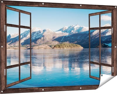 Gards Tuinposter Doorkijk Meer bij het Bergen Landschap in Noorwegen - 150x100 cm - Tuindoek - Tuindecoratie - Wanddecoratie buiten - Tuinschilderij