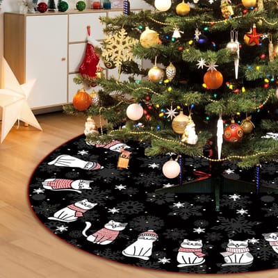 Kerstboomrok 48 Inch - Grote Kerstboomdeken met Zwarte Kat en Dennenboom - Perfect voor Kerstdecoratie