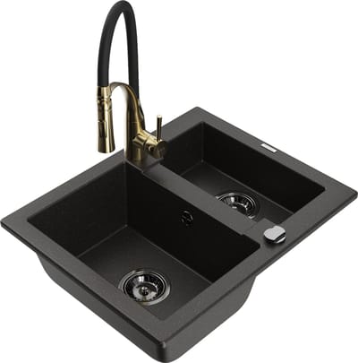 Mexen Carlos granieten spoelbak 1,5-kamerig met keukenkraan Aster, zwart/gouden metallic - 6518-75-73450-57-B