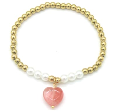 Armband - Elastisch - RVS - Goudkleurig - Hart Steen - Roze – valentijn – cadeau