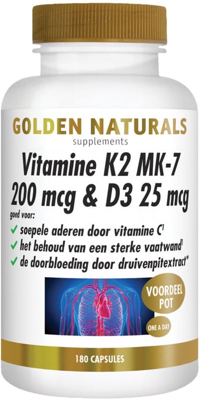 Golden Naturals Vitamine K2 200 mcg & D3 26mcg - 2 x 180 vegacapsules - Voordeelverpakking