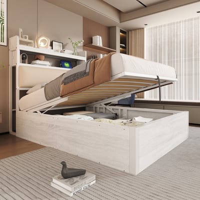 Wishdor Gestoffeerd Bed en Eenpersoonsbed met Hydraulische Opbergruimte en Boekenplank - USB Opladers - Lichte Houtlook - Wit - 90x200 cm