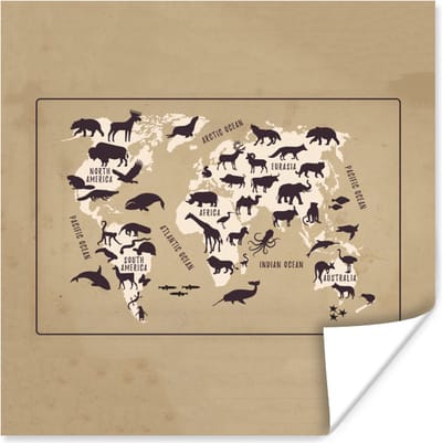 Wereldkaart Kinderen - Dieren - Bruin - 30x30 cm - Poster