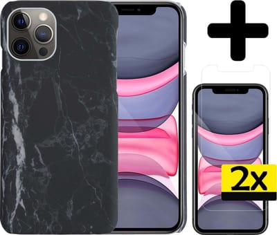 Hoesje Geschikt voor iPhone 11 Pro Hoesje Marmer Case Hard Cover Met 2x Screenprotector - Hoes Geschikt voor iPhone 11 Pro Case Marmer Hoesje Backcover - Zwart