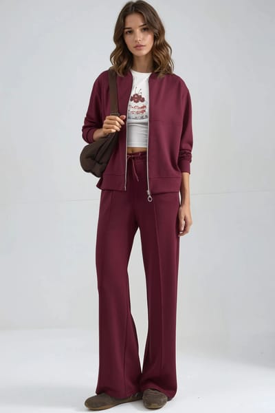 Modal Touch Sweater met Rits en Geribbelde Broek Set