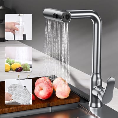 Intebiki keukenkraan met uittrekbare uitloop - 3 Waterstromen - 360° Draaibaar - Eenvoudig te Installeren - Zilver Chroom - RVS