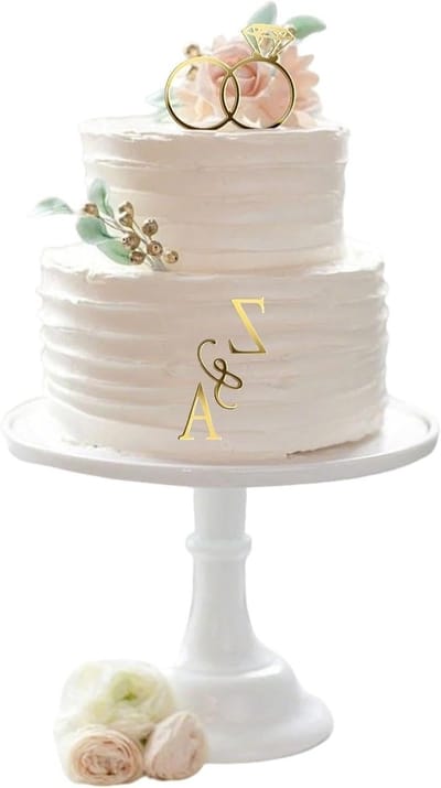Persoonlijke Bruiloftstaart Topper met Diamant Ring en 26 Aanpasbare Letters voor Initialen van Bruid en Bruidegom