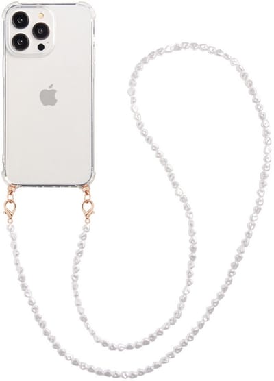 Casies hoesje geschikt voor Apple iPhone 17 met lang parel koord - Telefoonhoesje met parelkoord - Crossbody - Transparant