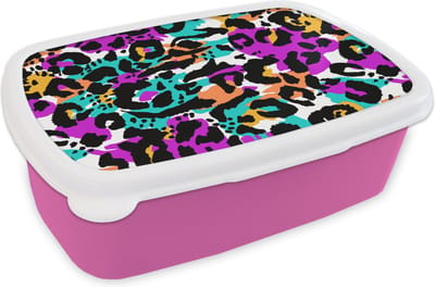 Broodtrommel Roze - Lunchbox Regenboog - Panter - Patronen - Brooddoos 18x12x6 cm - Brood lunch box - Broodtrommels voor kinderen en volwassenen
