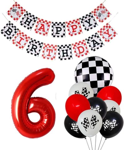 Snoes Racecijferballon 6 Plus Pakket - Verjaardag Ballonnen Race Thema - Rood, Wit & Zwart