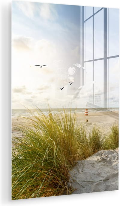 MuchoWow® Glasschilderij 120x180 cm - Schilderij acrylglas - Strand - Zee - Vogels - Foto op glas - Muurdecoratie woonkamer - Wanddecoratie slaapkamer - Schilderijen