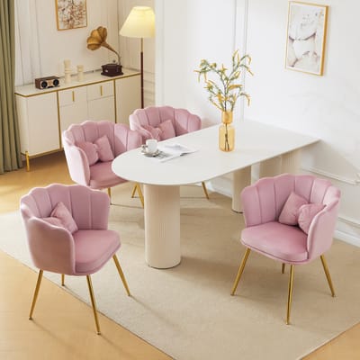 4-delige set - moderne fluwelen fauteuil - decoratiestoel - met bloemblaadrugleuning en kussen in vlindervorm - roze