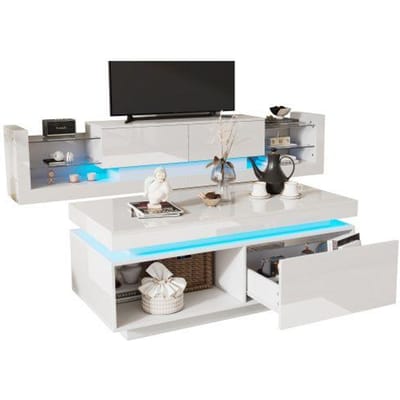 TV-meubel + Salontafel - MUVOE - Wandmeubel - Glanzende Afwerking - LED-verlichting - Compacte Afmetingen wit