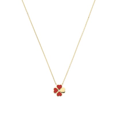 New Bling - 9NBG-0956 - 14K geelgouden ketting – 4 hartjes – rode epoxy
