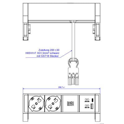 BACHMANN DESK2 2xP40 1xUSB A/C 22W, 0,2m GST18 INOX Italië
