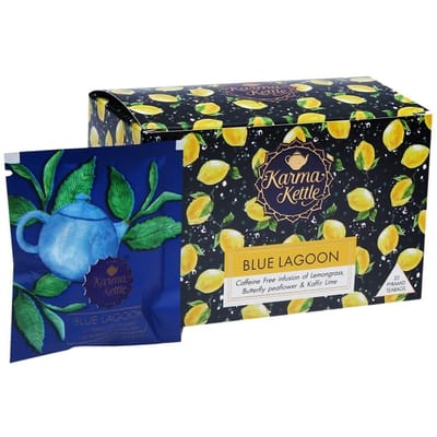 Citroengras, Clitoria en Limoenthee (20 pakjes, 2 gram), Blauwe Lagune, Karma Ketel yellow