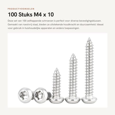 Dailygoods- Zelftappende Schroef 100 Stuks - M4 x 10 mm - Torx Platte Kop - Roestvrij Staal - Goede Houdkracht - Duurzaam en Robuust - Schroeven