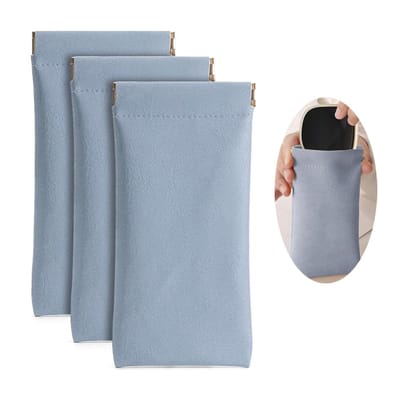 Leer Brillenkoker - Automatische Sluiting - Slank Met Drukknoopsluiting - Bril Etui - Bril Hoesje - Brillendoos - Zonnebrilhouder - Brillenkoker - Zonnebrillenkoker - Spectacle Case - Draagbare Brillenetui - Blauw - 3 Stuks
