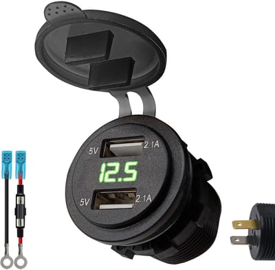 ProRide 12V USB Stopcontact 2 Poorten Inbouw met Voltmeter - 4.2A/5V - PVM1-G - met Aansluitkabel 60cm en Glaszekering 10A - Groen