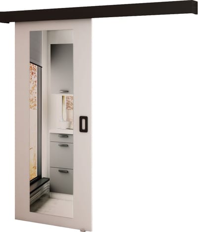 InspireMe - Schuifdeursysteem met rail en spiegel - 90x204cm - MAY II - Wit Mat + Zwart frame + Zwart Handvat met Soft-Close system
