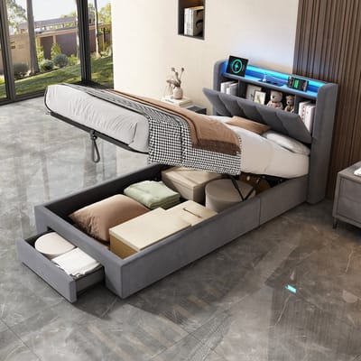 OKWISH Bed 90 x 200cm - Eenpersoonsbed Met Opbergruimte En Lades - LED Verlichting En USB - Fluwelen Bedframe - Donkergrijs