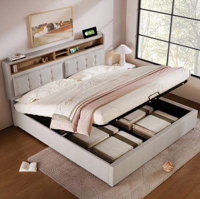 MEUNIQ gestoffeerd tweepersoons bed 140x200 met opbergruimte, verstelbaar hoofdbord, USB, Type-C en 2 stopcontacten, lattenbodem, beige bedframe voor slaapkamer