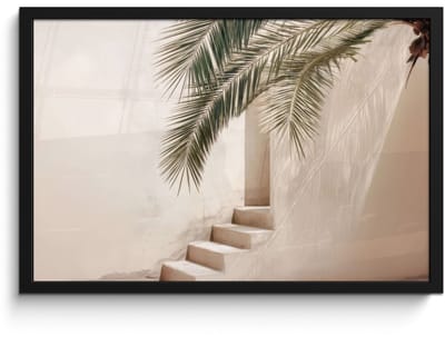 Poster in lijst - Fotolijst 60x40 cm - Posters - Palmboom - Schaduw - Trap - Beige - Posterlijst zwart - Decoratie - Wanddecoratie woonkamer - Muurdecoratie slaapkamer
