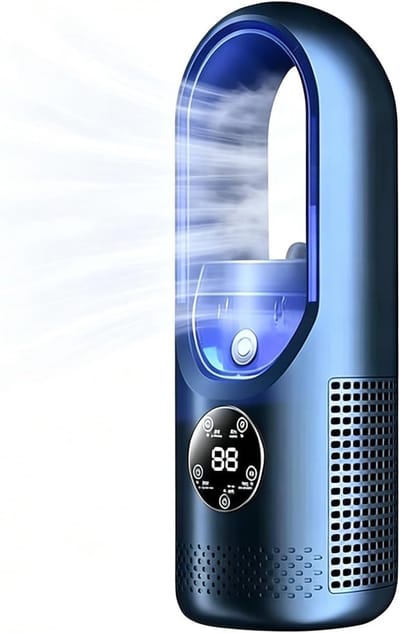 Compacte blauwe bladloze luchtcirculatieventilator afmeting 305×124 mm, verbeterde borstelloze motor, draagbare stille koelventilator voor op het bureau, uitgerust met digitaal display, geschikt voor slaapkamers, kantoren en studentenkamers