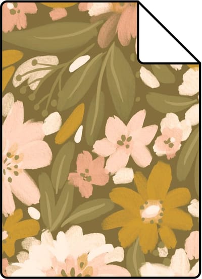 Proefstaal ESTAhome behang bloemen vergrijsd olijfgroen, licht roze en mosterdgeel - 26.5 x 21 cm - 130927-S