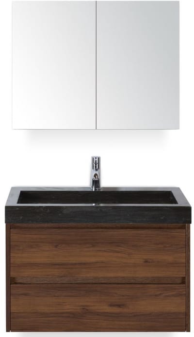 Dante Badmeubelset 80 cm - Walnoot - Wastafel Hardsteen Wit Lucca met Spiegelkast