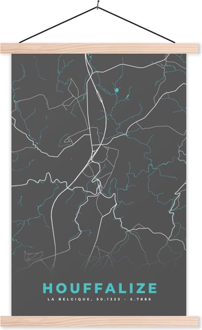 Posterhanger incl. Poster 40x60 cm - Schoolplaat - Kaart – Plattegrond – Stadskaart – Houffalize – België - Grijs - Textielposter - Blanke latten - Stadskaart