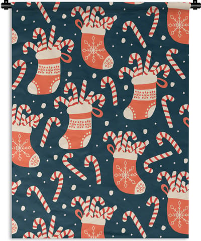 Wandkleed - Wanddoek - Sokken - Snoep - Kerst - Patronen - 90x120 cm - Wandtapijt