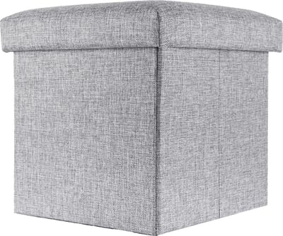 Intirilife Opvouwbaar krukje 30x30x30 cm in ALASKA GREY - Zitkubus met opbergruimte en deksel van stof in linnenlook - Zitkubus voetensteun opbergbox kist bankzitting