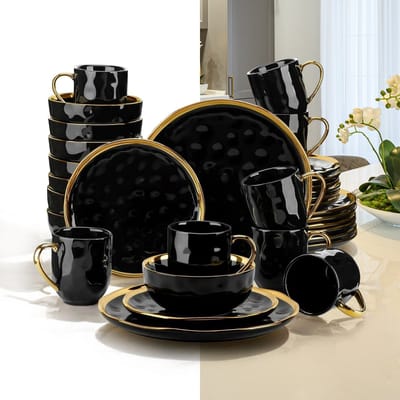 Luxe Serviesset – 32 delig – 8 persoons – Porselein - Bordenset – Dinner platen – Dessertborden - Kommen - Mokken - Schaaltjes - Zwart - Goud