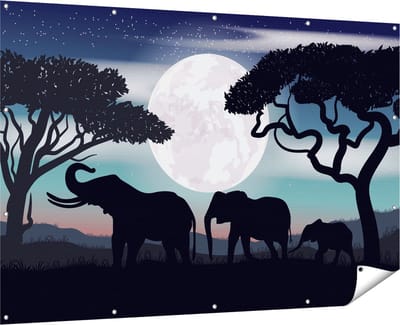 Gards Tuinposter Olifanten Silhouet tijdens Volle Maan - 180x120 cm - Tuindoek - Tuindecoratie - Wanddecoratie buiten - Tuinschilderij