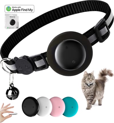 Wireless Tag - GPS tracker kat - Ondersteunt Apple Zoek Mijn - MFI-gecertificeerd - Zonder Maandelijkse Kosten - Wordt geleverd met een draadloze tracker - Kattenhalsband Breakaway - Met Wireless Tag houder en bel - Zwart