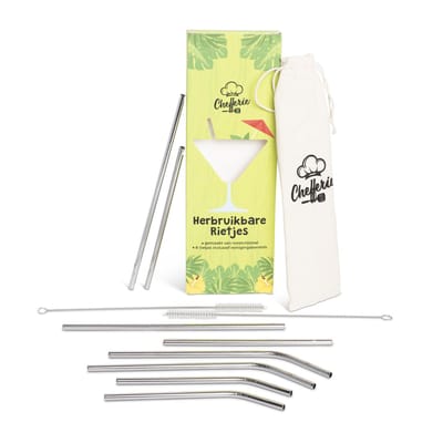 Chefferie RVS rietjes - herbruikbare - set 8 stuks - 4 recht 4 gebogen - zilver - 16/21,5cm - cocktail - smoothie