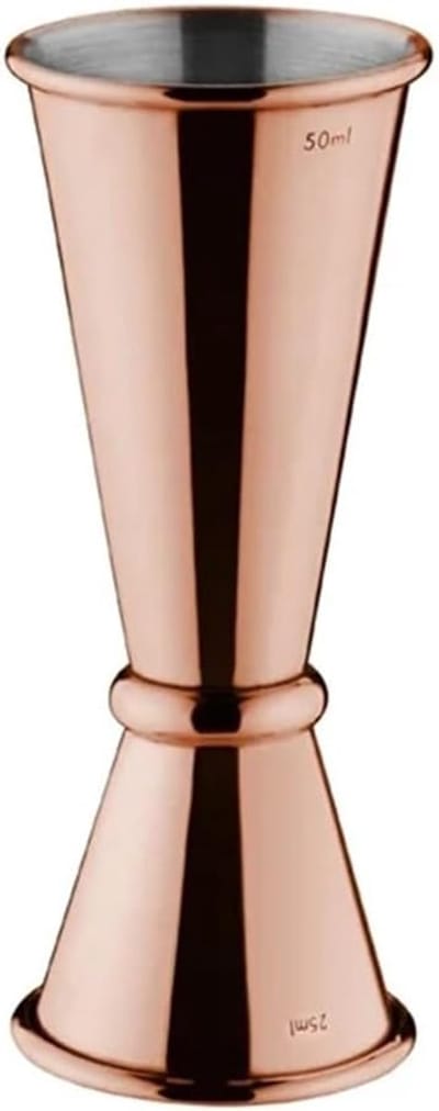 Cocktailmaatbeker van roestvrij staal, koperkleurig, 25/50 ml, binnenlijnen 15 ml en 35 ml, alcohol, fruitpuree, sterke drank, barman, mixologie, hotels