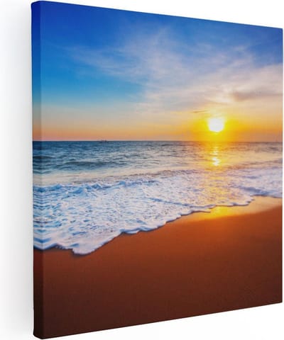 Artaza Canvas Schilderij Zee En Strand - 80x80 cm - Wanddecoratie Zonsondergang - Muurdecoratie Zeezicht - Schilderijen Op Canvas Golven