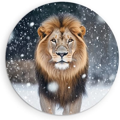 Saammp Muurcirkel Hout - Leeuw met sneeuw - Winter - Dieren - Natuur - Ø 90 - Wandcirkel - Wanddecoratie Cirkel - Muurdecoratie Woonkamer - Slaapkamer decoratie - Rond Schilderij