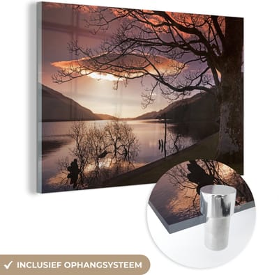 ® Glasschilderij 180x120 cm - Schilderij acrylglas - Roze lucht boven het Nationaal park Loch Lomond en de Trossachs in Schotland - Foto op glas - Muurdecoratie woonkamer - Wanddecoratie slaapkamer - Schilderijen