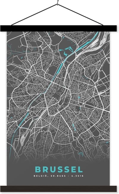 Posterhanger incl. Poster 40x60 cm - Schoolplaat - België – Brussel – Stadskaart – Kaart – Blauw – Plattegrond - Textielposter - Zwarte latten - Stadskaart