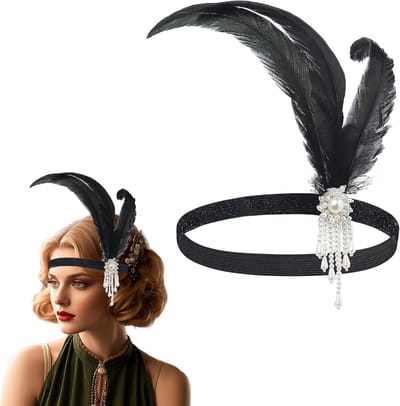 Elegante veren haarband voor dames, flapper hoofddeksel met strass, perfect voor Gatsby kostuums en feestjes
