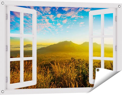 Gards Tuinposter Doorkijk Bergen met Mist in Thailand - 90x60 cm - Tuindoek - Tuindecoratie - Wanddecoratie buiten - Tuinschilderij