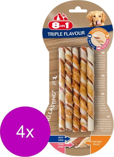 8in1 Delights Twisted Sticks Triple Flavour - Hondensnacks - 4 x Kip Varken Rund 70 g 10 stuks