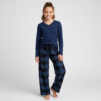 La-V pyjama set voor meisjes met geruite flanel broek Donkerblauw 140-146