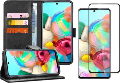 Hoesje geschikt voor Samsung Galaxy A71 - Screen Protector FullGuard - Book Case Kunstleer Pasjeshouder Zwart & Screenprotector
